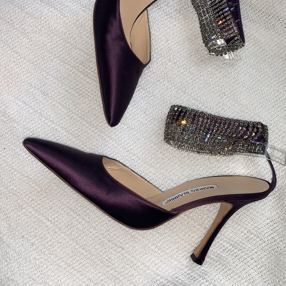 Manolo Blahnik Purple Satin Pointy Toe Heels with Rhinestone Ankle Strap, 37.5 - Picture 2 of 13